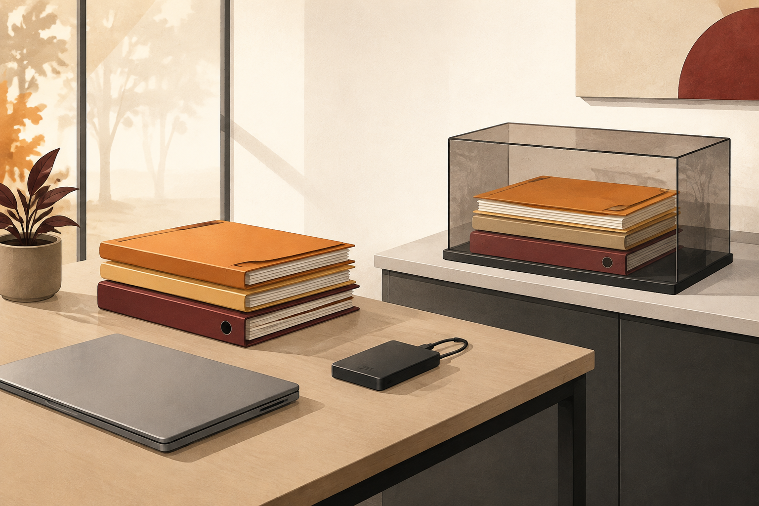 Illustration conceptuelle : une seconde copie des dossiers conserve le travail à l’abri